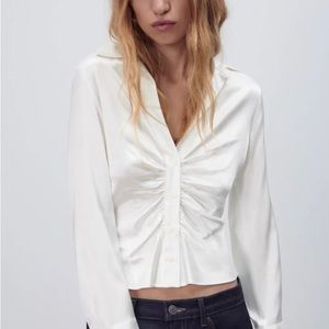 ZARA ruched white button up